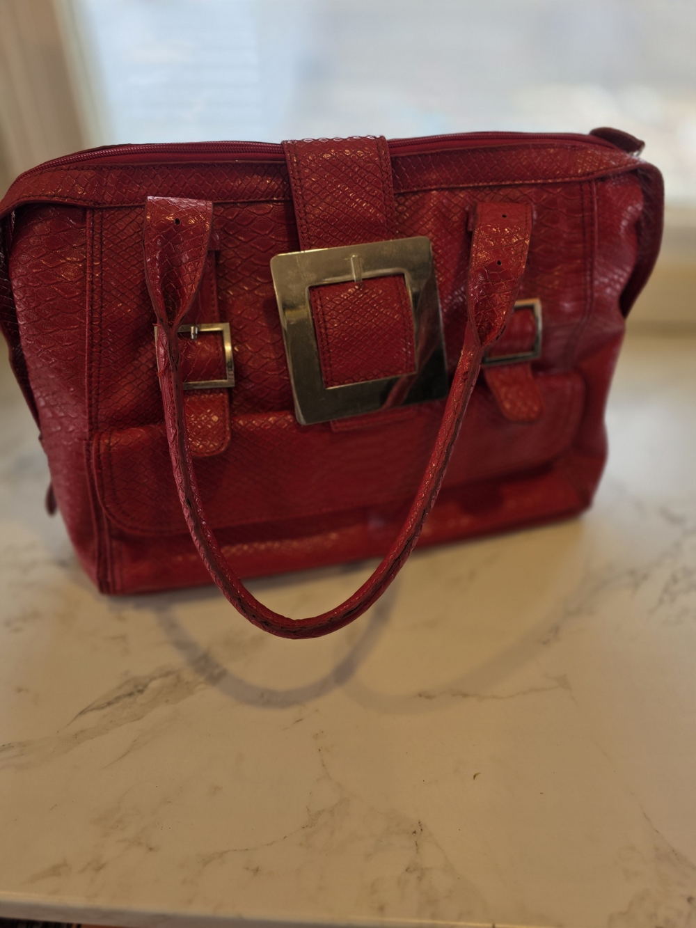 Aldo Red Textured Buckle Satchel
